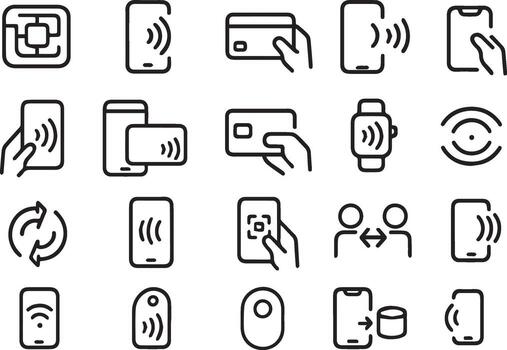 NFC Line Icons Set Contactless Payment, Smartphone Scan, NFC Chip, Smartwatch, Data Transfer vector