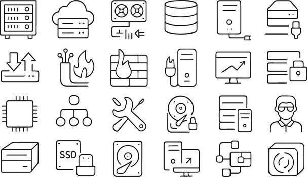 conjunto de base de datos iconos, incluso un computadora, un servidor, y un computadora monitor vector