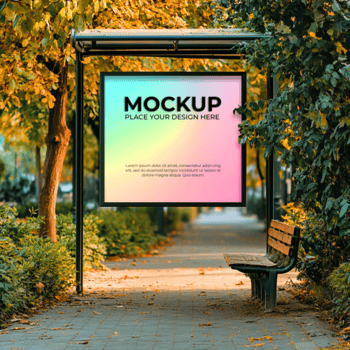 un autunno autobus fermare riparo con un' digitale annuncio pubblicitario schermo e panchina psd