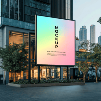 moderno Painel publicitário brincar com uma colorida gradiente exibição dentro a urbano configuração psd