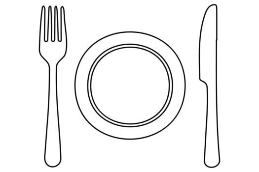 continuo uno línea bosquejo de cuchillo y tenedor utensilio contorno Arte en blanco antecedentes vector