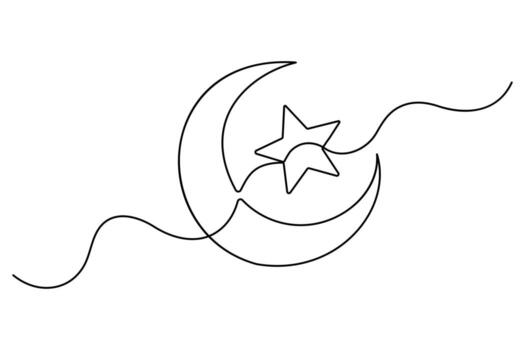 Minimal moon and star one line sketch for celestial and night sky concepts vector