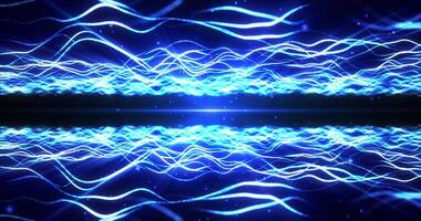 Futuristic glowing blue cyber energy waves moving on dark background with connection and big data visualization. Suitable for sci-fi, technology or abstract projects. Seamless loop 4k video