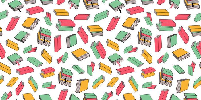 Stack of books, seamless pattern. Multicolored books. Love of reading, literature, studying. School textbooks. Repeating background. vector