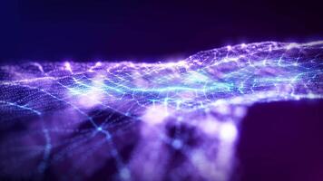 une futuriste numérique paysage d'onde de embrasé particules formant une dynamique 3d grille. vibrant violet et bleu lumière vagues visualiser Les données les flux, artificiel intelligence les réseaux, ou cyberespace activité video