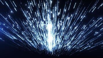 Abstract digital background with glowing neon particles flying upwards. Movement of glowing bright particle lines flow. Visualization of communication and big data. Seamless video
