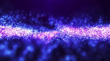 blå lysande partiklar virvla runt med Vinka energi i en mörk abstrakt Plats, formning en gnistrande, luftig ström av ljus. perfekt för bakgrunder, futuristisk, festlig eller sci-fi bilder, sömlös slinga. video