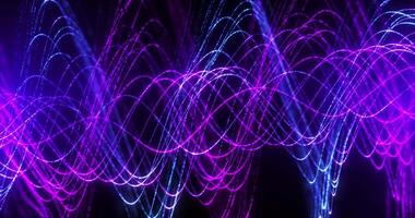 Bright abstract high-tech cyber waves of glowing purple and blue lines, dynamically shimmering on a dark background. for creating animated backgrounds futuristic, technological or digital style video