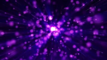 exploderande lila ljus partiklar flyga bort på en mörk bakgrund. dynamisk abstrakt animering är perfekt för sci-fi bilder, högtider, konserter och Plats scener. sömlös slinga video