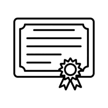 Black outline displays a certificate with lines and a ribbon seal on white background vector