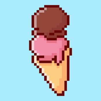 Double scoop ice cream cone designed in a retro pixel art style, featuring a classic combination of chocolate and strawberry ice cream scoops in a crispy wafer cone vector