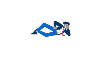 relajado latino masculino empleado acostado en lado mano dibujado 2d personaje animación. confidente relajado Hispano empresario trabajo descanso animado persona dibujado a mano en blanco. dibujos animados garabatear 4k video