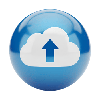 Cloud Upload Icon , Glossy Blue Sphere with White Arrow in Cloud, Realistic Transparent Symbol for Digital Storage, Cybersecurity Concept, Online Connectivity UI Asset, Tech Graphic Element png
