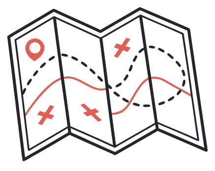 Folded paper map showing route navigation with location marker and navigation symbols displayed vector