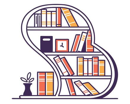 Stylized bookshelf design with various books plants and decorative elements isolated on white vector