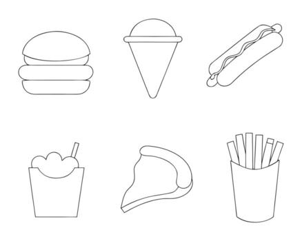 Outlined illustrations of various common fast food items perfect for design projects and menus. vector