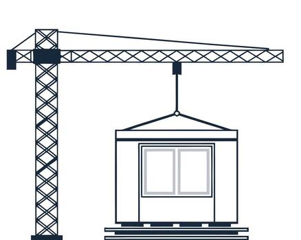 Construction crane lifting modular building element in a simple flat design illustration vector
