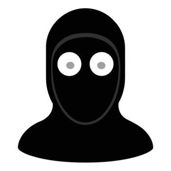 Black hooded figure with wide open eyes expressing a mysterious and anonymous presence. vector