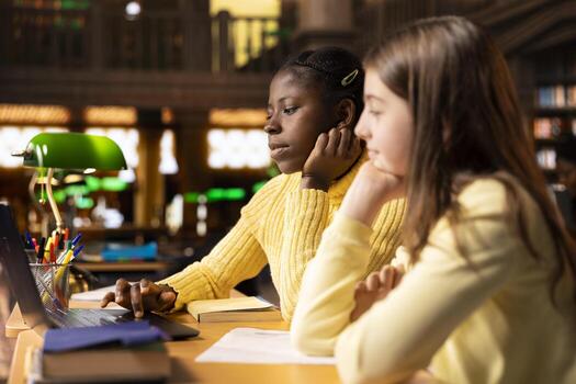 Two schoolgirls in the library participate at an online class webinar, using technology to connect with their teacher for an interactive virtual lesson. Remote courses via call. photo