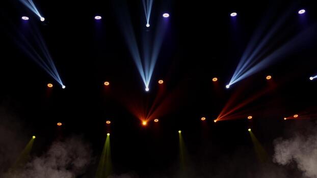 Stage, lights background. Light beams and smoke from the stage spotlights on the stage at time of show. Laser show isolated on black background. Empty stage with light projector illumination backdrop. photo