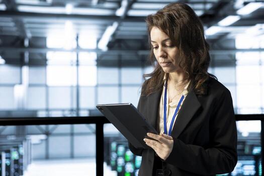 Technician in data center using tablet, integrating green technologies, implementing sustainable energy solutions, reducing resource consumption to maintain environmental standards photo