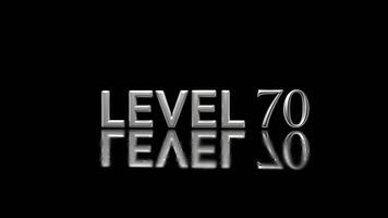 Level 70 Reached A Significant Gaming Milestone Displayed with Reflective Metallic Text on a Dark Background, Ultimate Gaming Goal Level 70 Reached.Level 70 Attained High Level Gaming Graphic video