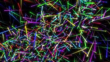 resumen muy lleno neón ligero líneas fondo.aleatorio vistoso rayas en oscuro telón de fondo.dinámico multicolor láser vigas caos.vibrante digital partícula explosión diseño. video