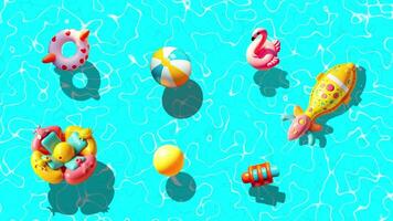 Vibrant Pool Floats and Beach Balls on Rippling Blue Water Surface, Perfect for Summer Fun and Relaxation,Top View of Floating Inflatables Beach Balls, Animal Rings, Leisure,Colorful Summer Objects video