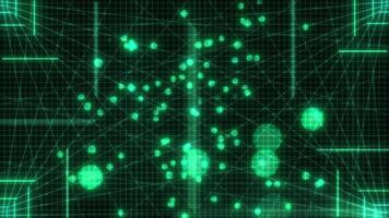 abstrato digital rede rede com brilhando dados pontos e luz feixes futurista tecnologia fundo, abstrato digital rede com luminoso círculos cyber segurança conceito, sci fi verde rede padronizar video