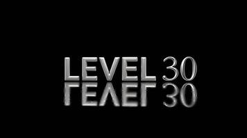 Level 30 Game Progression Screen with Metallic 3D Text and Reflection on Black Background, Gaming Milestones Level 30 Reached Concept.Level 30 Completed Gaming Progress Graphic.Reflective LEVEL 30in video