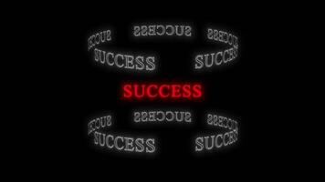 Dynamic 3D Glowing SUCCESS Text Animation with Rotating Elements and Reflections on Black Background, Digital Glitch Effect with SUCCESS Triumph, Positive Outcome, Growth, Bold SUCCESS on Black video
