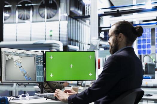 Solar operations employee conducts system check next to green screen in a busy factory, ensuring manufacturing efficiency and aligning with renewable energy industry best practices. photo
