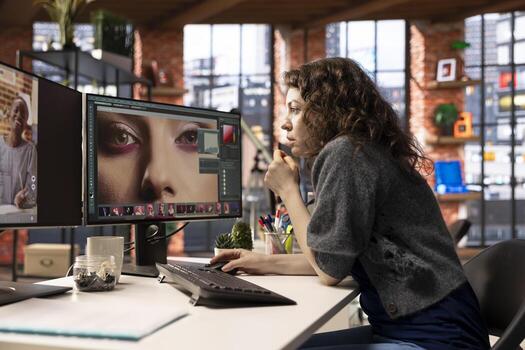 Female editor designer retouches photos on dual monitors desktop, computer setup in a creative office. Ideal workspace for digital media professional focused on photo editing.