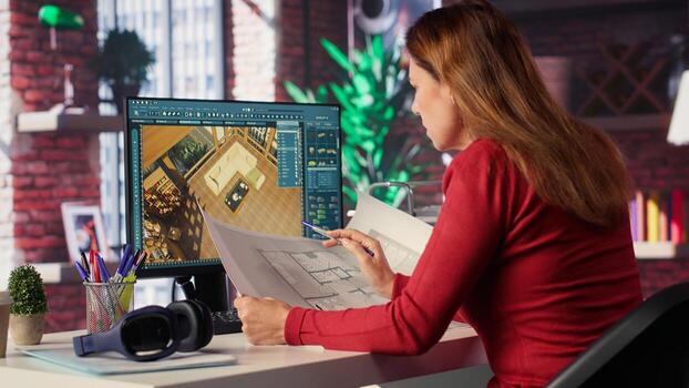 Freelancer designer decorates apartment floor plan using blueprints on pc, using architectural software to configure elements. Woman uses interface to enable rendering and 3D modeling. Camera A. photo