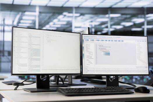 Close up of computer displays in empty high tech data center monitoring hardware energy consumption. PC monitors on desk used for checking potential system failures in server room photo