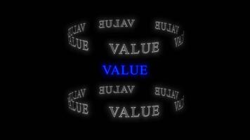 animato 3d testo valore con rotante neon anelli e riflessione su nero sfondo, isolato raggiante valore parola etica, i principi, investimento concetto, grassetto valore su nero sfondo attività commerciale etica video