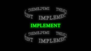 dynamisch groen neon implementeren tekst met roterend wit ringen en reflectie Aan zwart achtergrond. gloeiend implementeren woord, vertegenwoordigen de geslaagd realisatie van doelen.abstract visualisatie van video