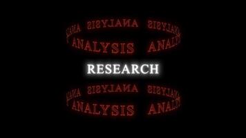 Dynamic 3D Text Animation Research Analysis Loop with Glowing Neon Effects, Orange ANALYSIS framing RESEARCH,depicting meticulous study. Abstract RESEARCH visualization with ANALYSIS rings, video