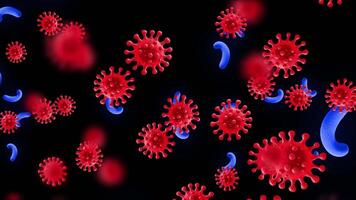 Pathogen Dynamics Viruses and Bacteria Interacting in a Microscopic Environment,Red Virus Particles and Blue Bacteria Pandemic, Infection Control, Science,3D Render of Disease-Causing Germs Medical video