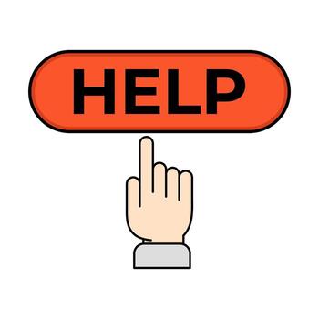 Help Button Icon with Hand Click Illustration. A hand with a pointing finger is about to click on the button, highlighting its interactive nature. vector