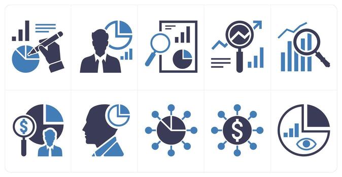 A set of 10 mix icons as bench marking, assessment expert, analytics in blue color vector