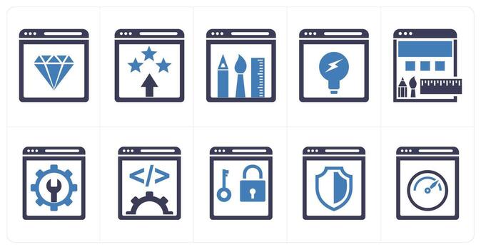 A set of 10 mix icons as website reputation, website ranking, website design in blue color vector