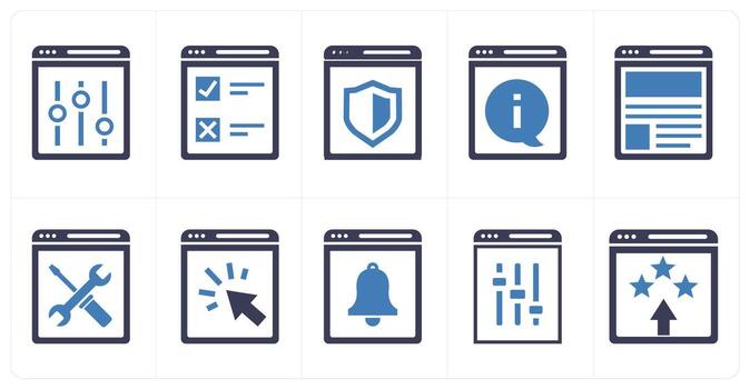 A set of 10 mix icons as webpage settings, web survey, website security in blue color vector