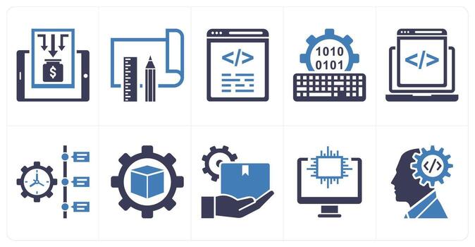 A set of 10 mix icons as project image, project development, programming in blue color vector
