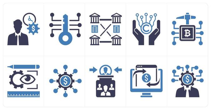 A set of 10 mix icons as earning, digital key, distributed ledger in blue color vector