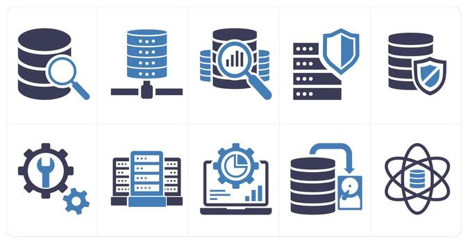 A set of 10 mix icons as data search, database, database assessment in blue color vector