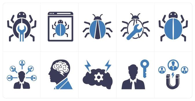 un conjunto de 10 mezcla íconos como bicho, error fijación, negocio conexión en azul color vector