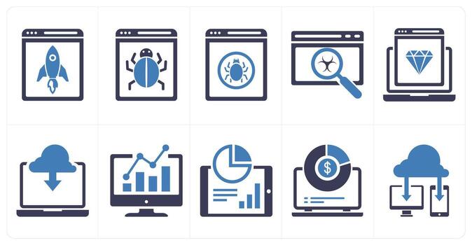 A set of 10 mix icons as browser launch, bug fixing, clean code in blue color vector