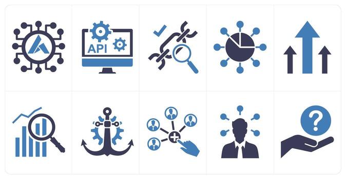 A set of 10 mix icons as ardor, api configuration, backlink checker in blue color vector