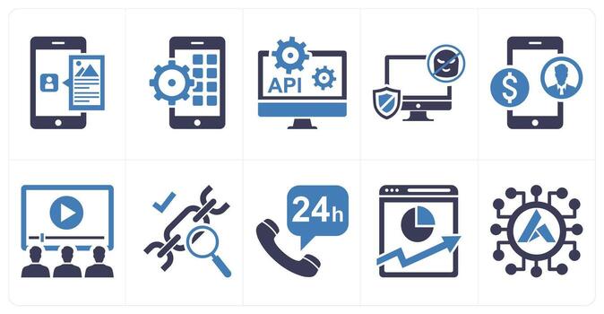 A set of 10 mix icons as application, app development, api configuration in blue color vector